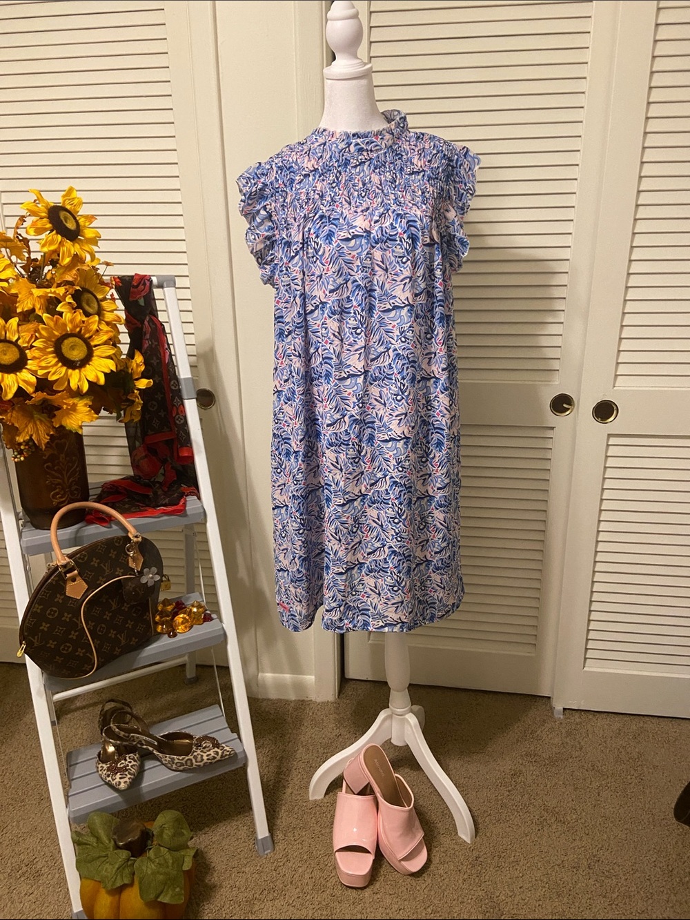 Simply Southern Blue and Pink Floral Ruffle-Smock Midi Dress